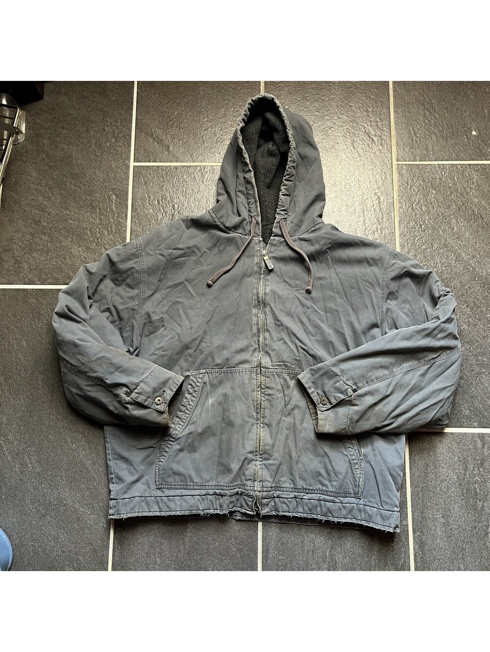 Vintage Faded Glory Canvas Work Jacket Full Zip Hooded Fleece Lined Distressed L